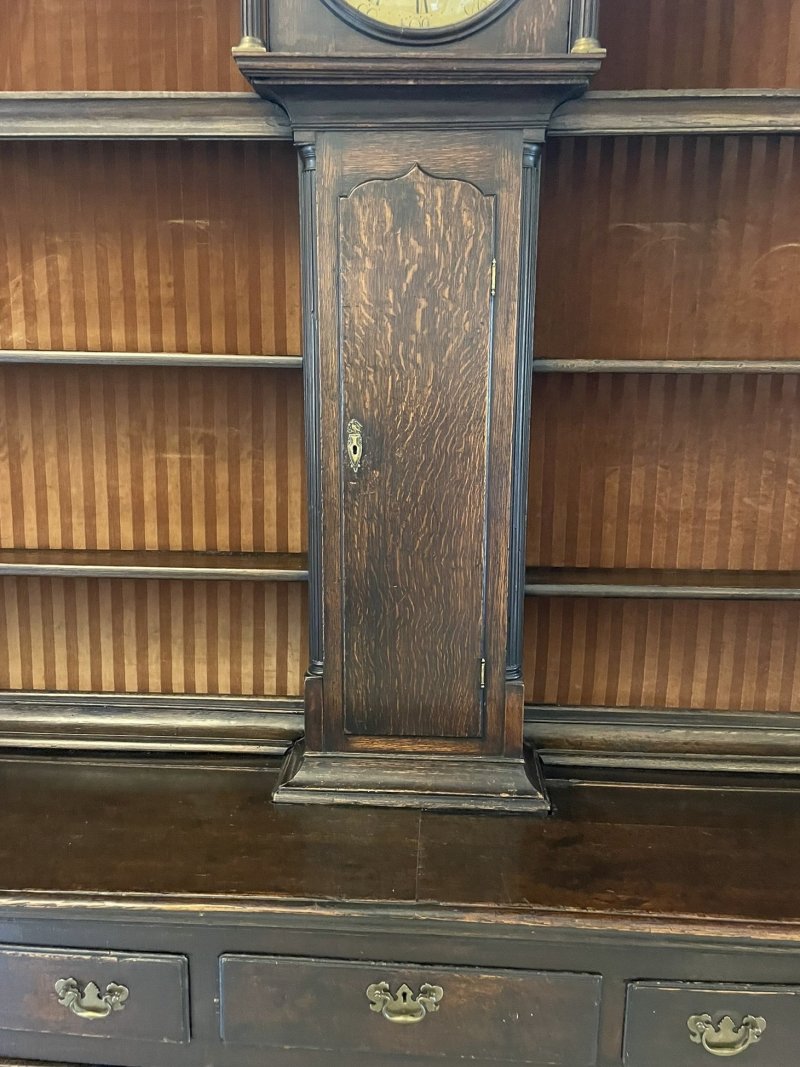 Rare 18th Century Large Antique George III Quality Oak Dresser with Rack and Longcase Clock - Image 17